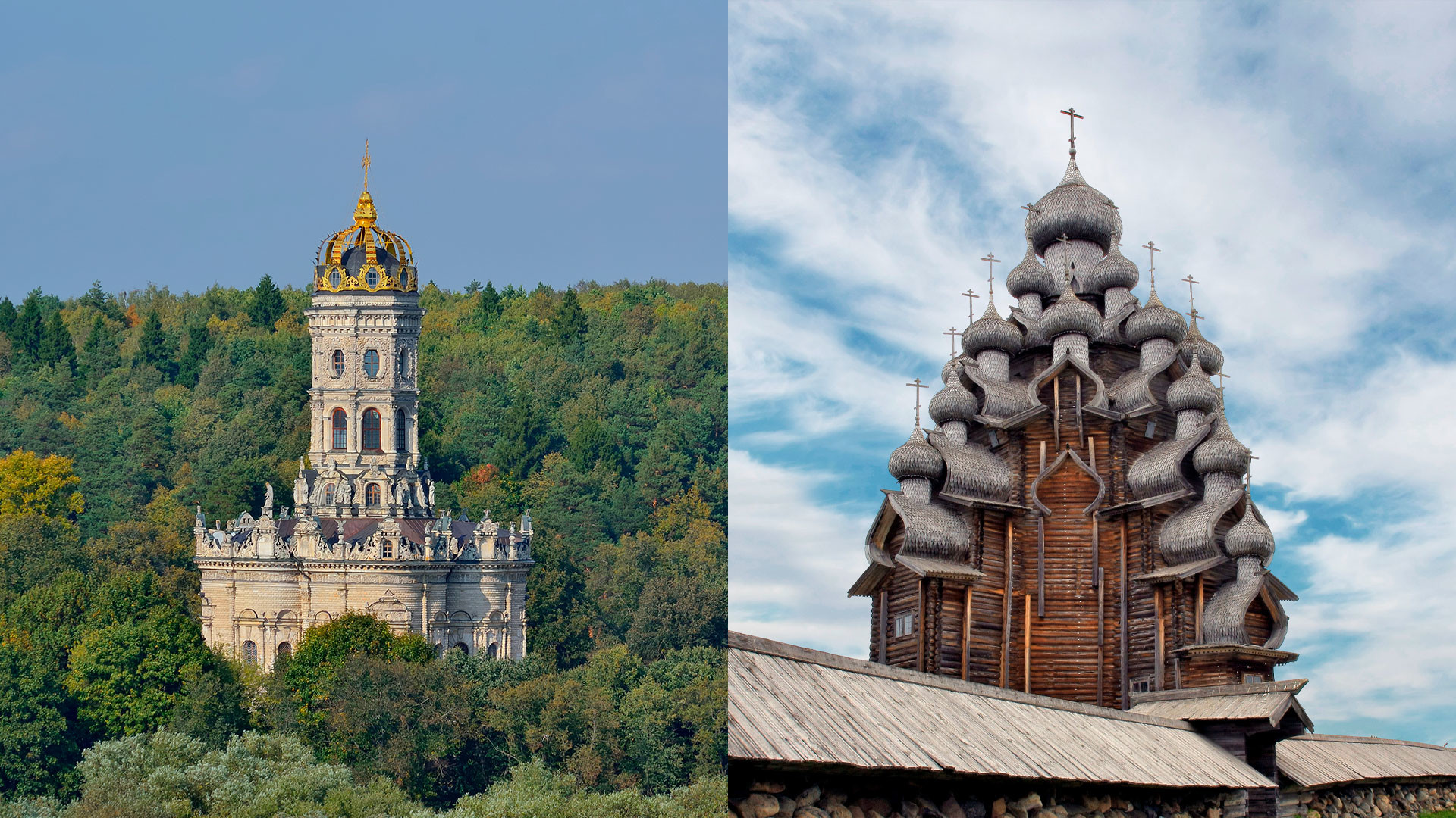 Znamenskaya Church in the Moscow Region (L); Church of the Transfiguration on the Kizhi island 