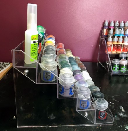 Side view of acrylic paint rack