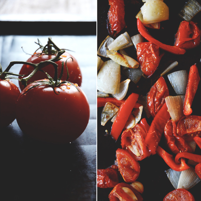 Fresh tomatoes and roasted vegetables for making homemade soup