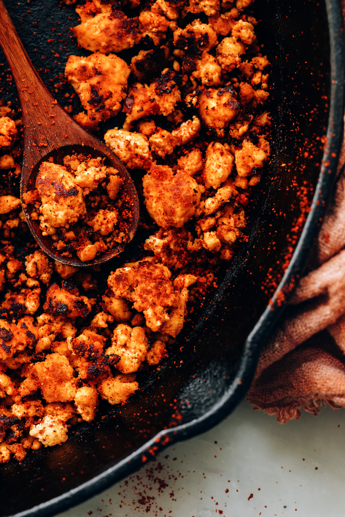 Cooked vegan chorizo in a skillet