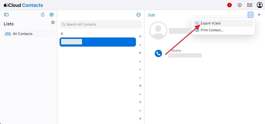 locate export vcard to continue 