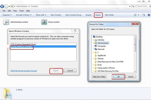 export vcards format and press ok