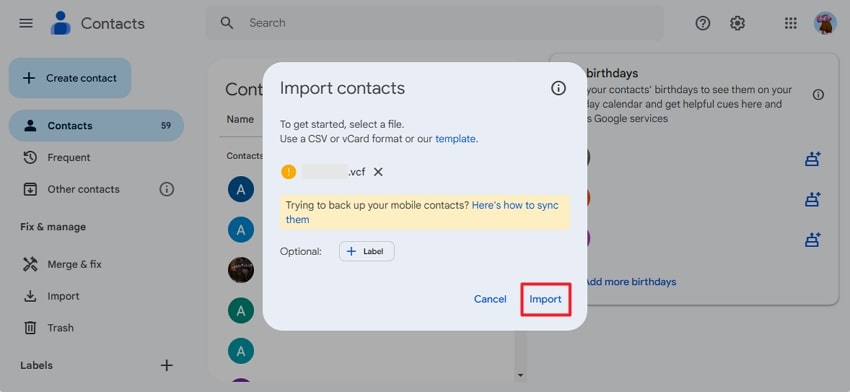 hit import and access contacts 