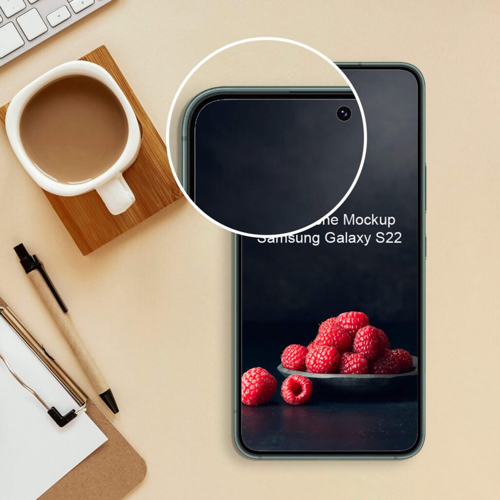 Close Up Of a Free Samsung Galaxy S22 Smartphone Mockup PSD Template