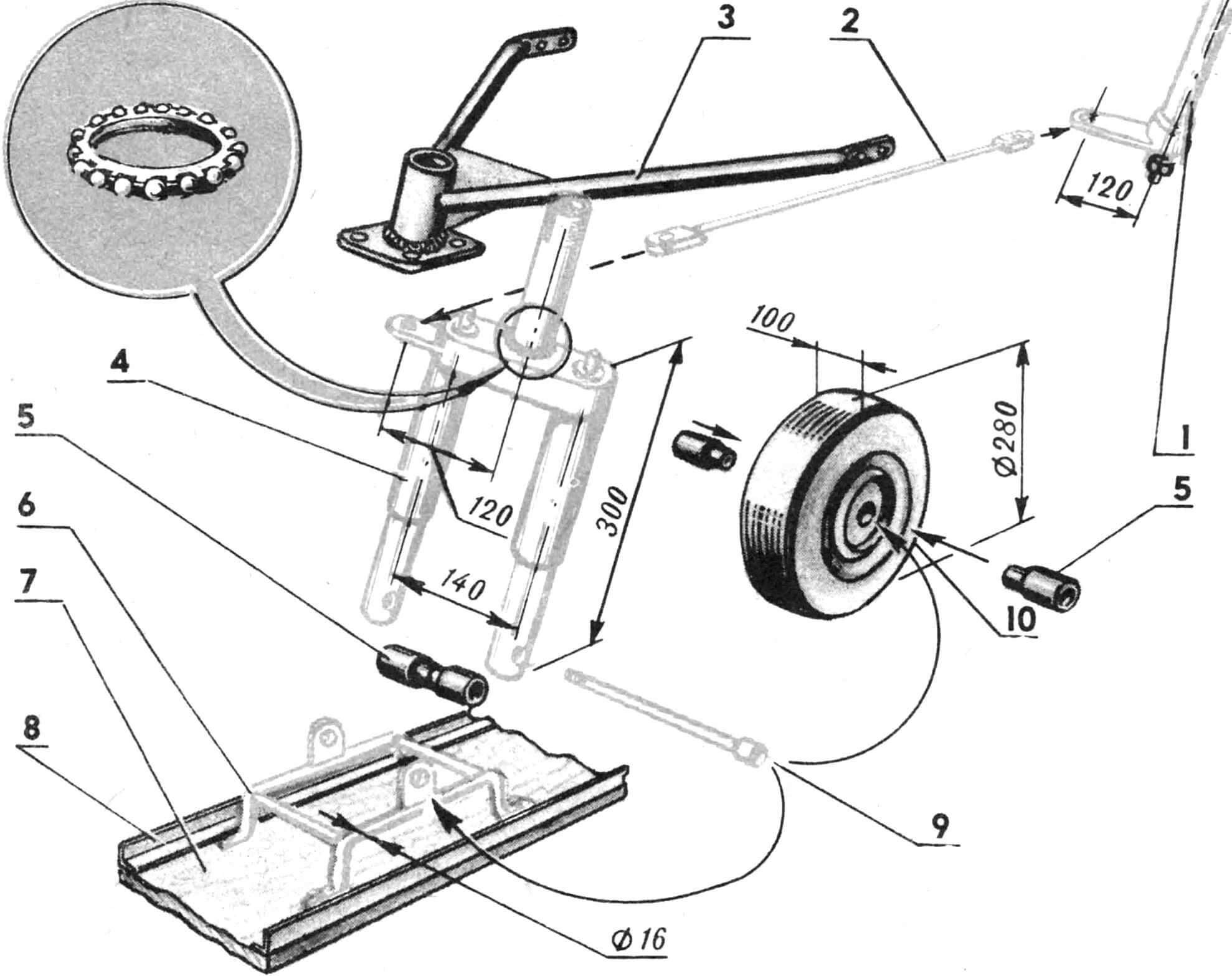 Front strut with steering elements