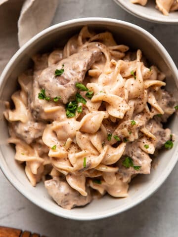 beef stroganoff in a bowl.