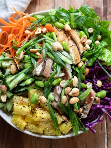 asian chicken salad in a bowl.