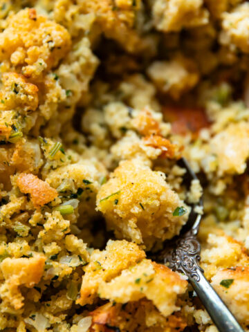 cornbread dressing in a casserole dish.