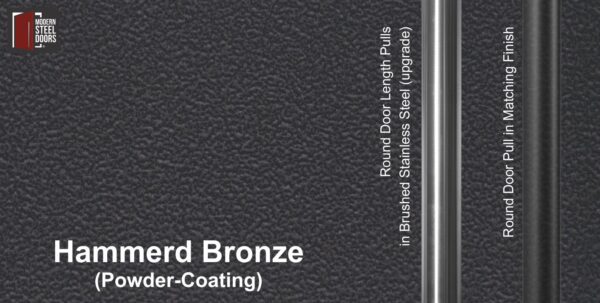 hammered bronze powder-coated paint finish behind round stainless steel door handles and round black door pulls