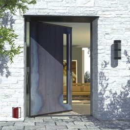 simple front door for modern home made of metal with door lite and round handmade door hardware