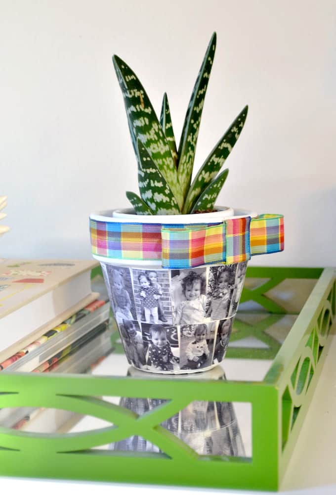 This Mod Podge DIY flower pot is a great Mother's Day gift for moms and grandparents alike - and would also make a great table centerpiece!