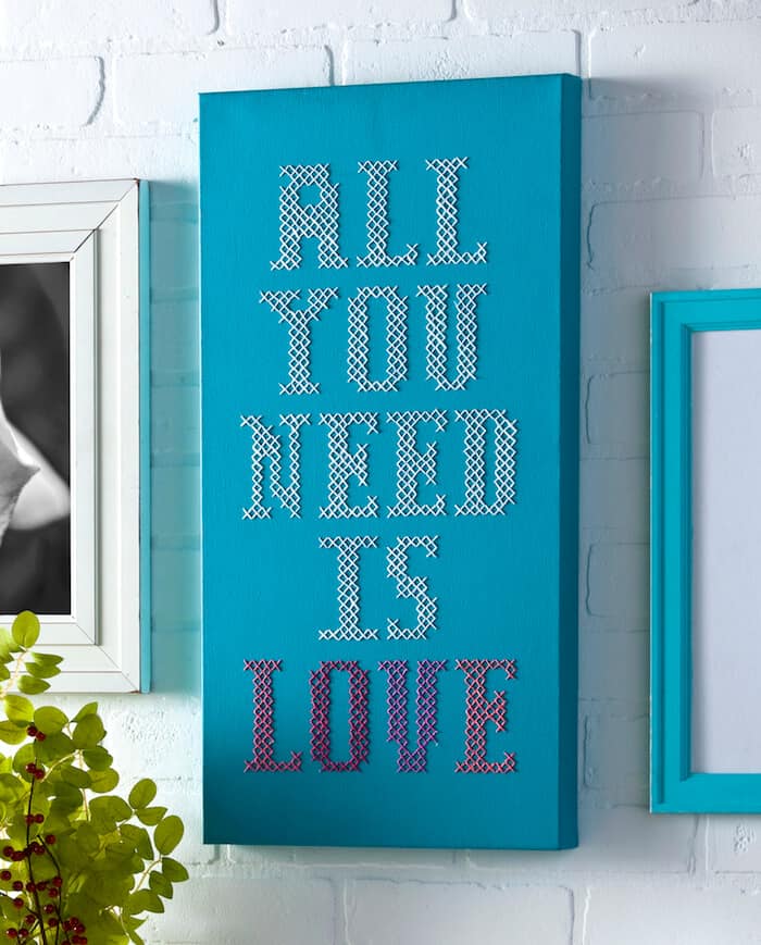 All-You-Need-is-Love Cross Stitch Quote on Canvas