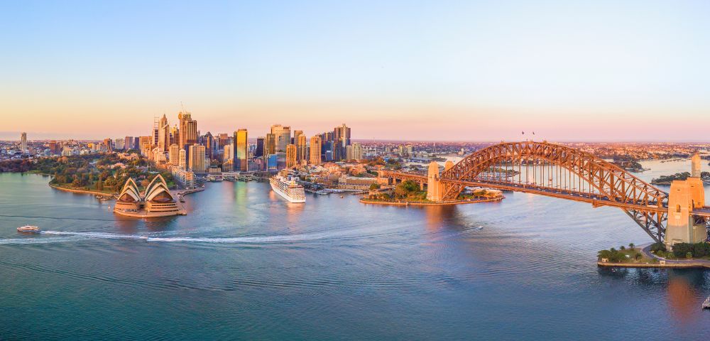 Aerial view of Sydney skyline at dusk with Opera House and Harbour Bridge.