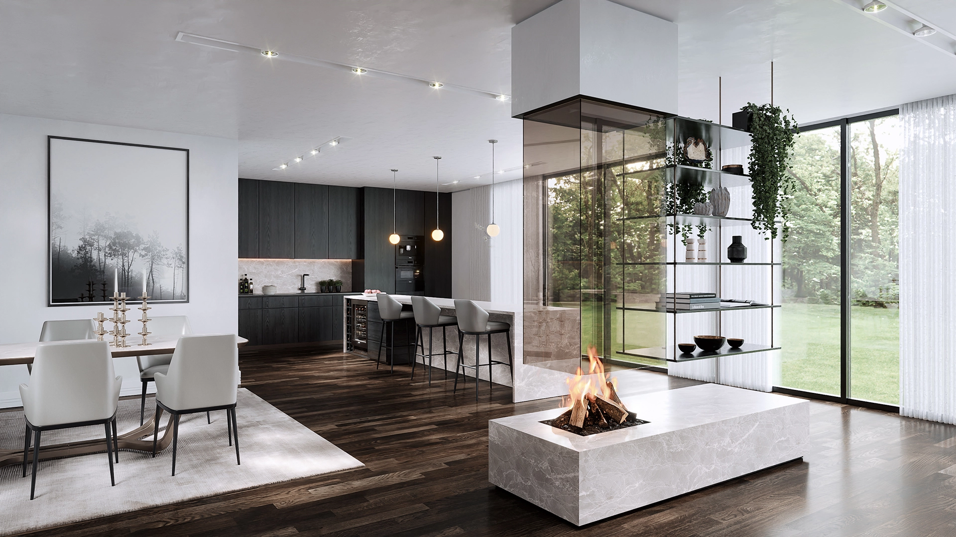 A glass suspended fireplace in the front of dining room of a beautifully lit home