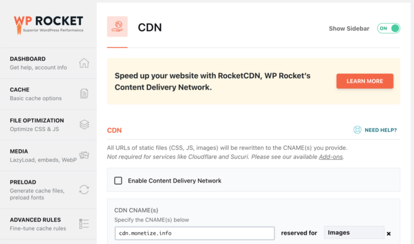 WPRocket CDN Tab