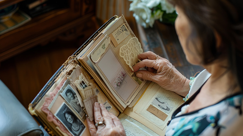 A person holding an old scrapbook filled with black-and-white photographs and yellowed pages. They are touching a lace embellishment on one of the pages. The scene suggests nostalgia and the preservation of memories.