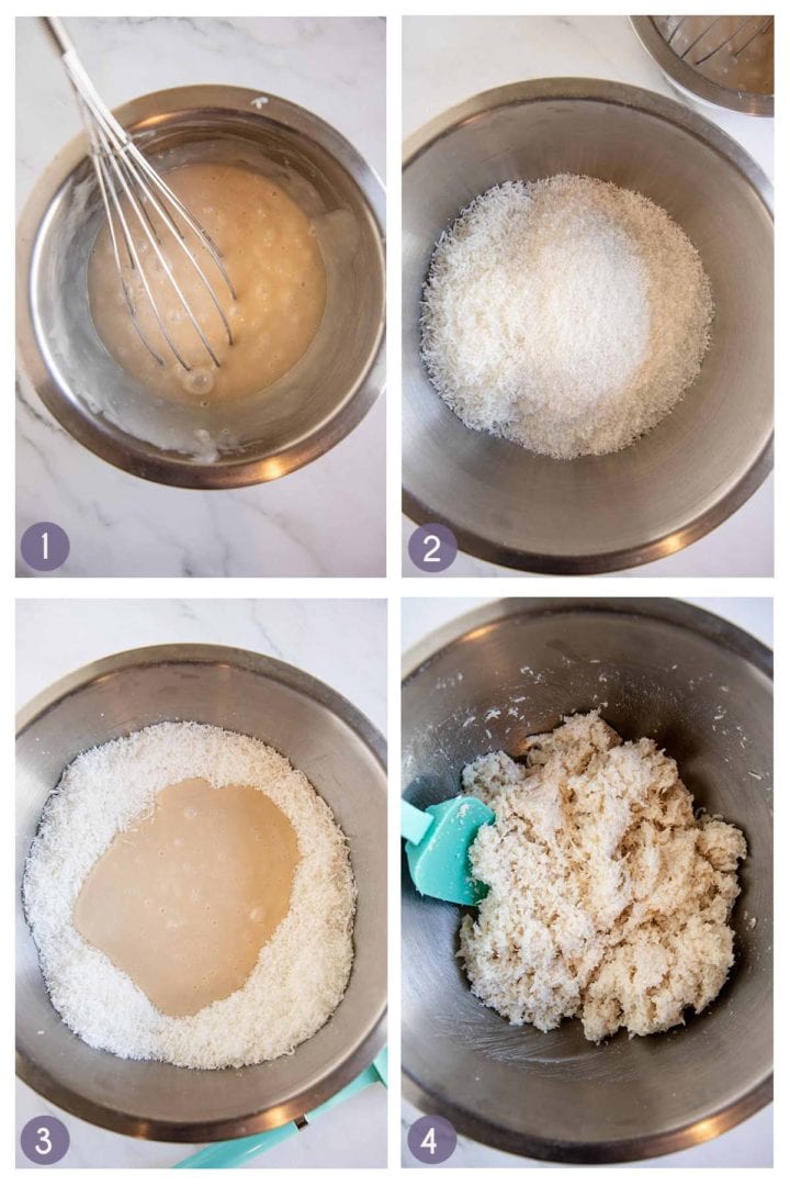 steps 1-4 of how to make coconut macaroons. Mixing wet ingredients, mixing dry ingredients, combining wet and dry ingredients to form dough.