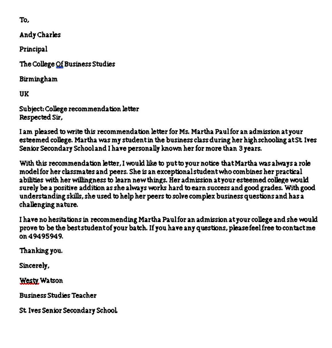 Reference Letter Of Recommendation Sample