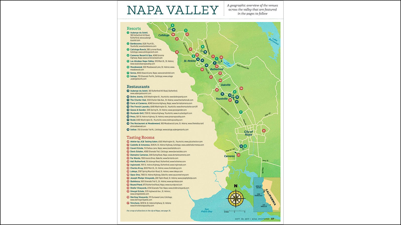 A map of Napa Valley featuring resorts, restaurants and tasting rooms wine lovers can visit.