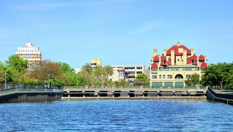 Downtown Stockton featuring waterfront views.