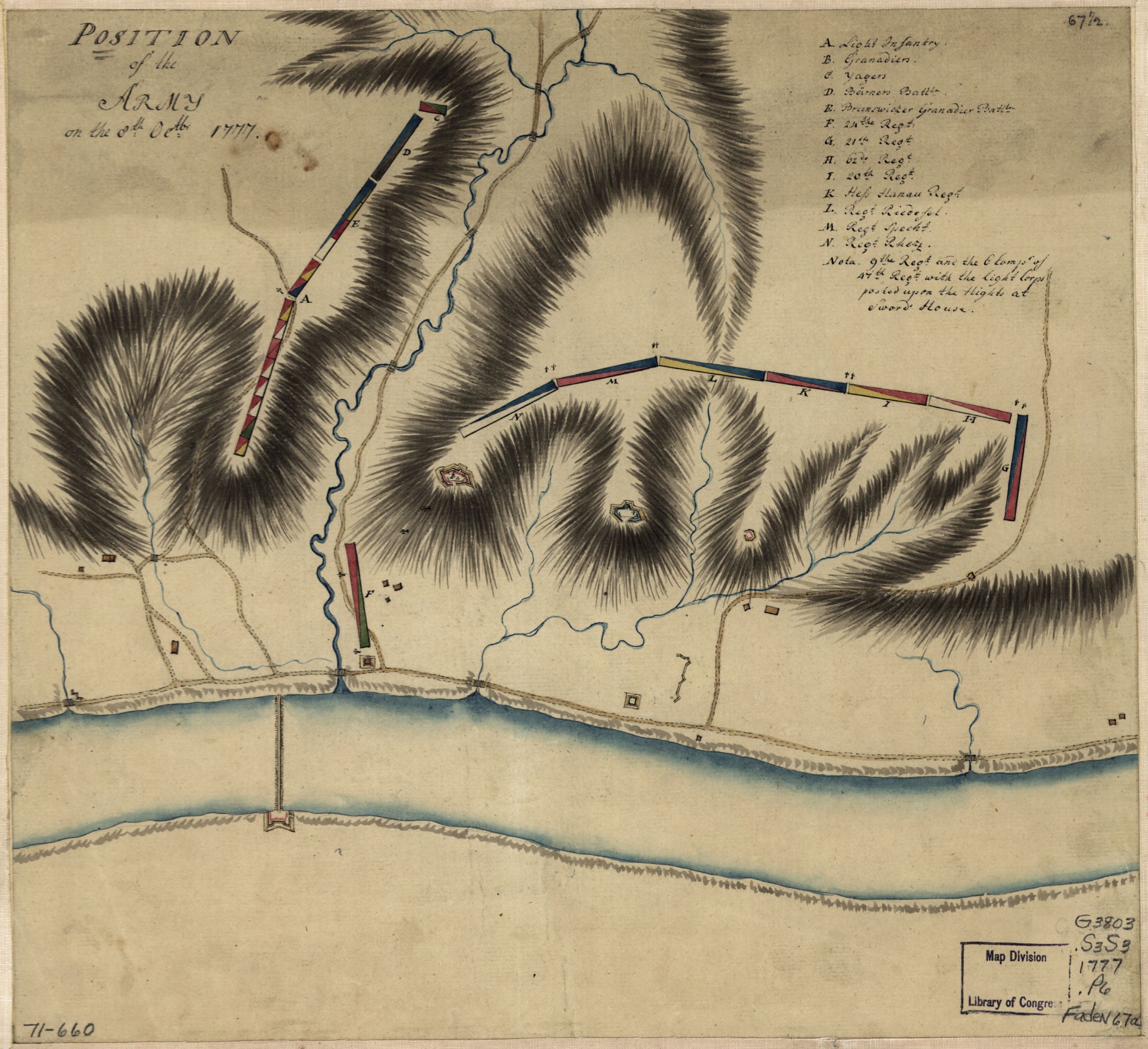 Map of the British, Hessian, and Brunswick troops at Bemis Heights, October 8, 1777. Library of Congress call number G3803.S3S3 1777 .P6