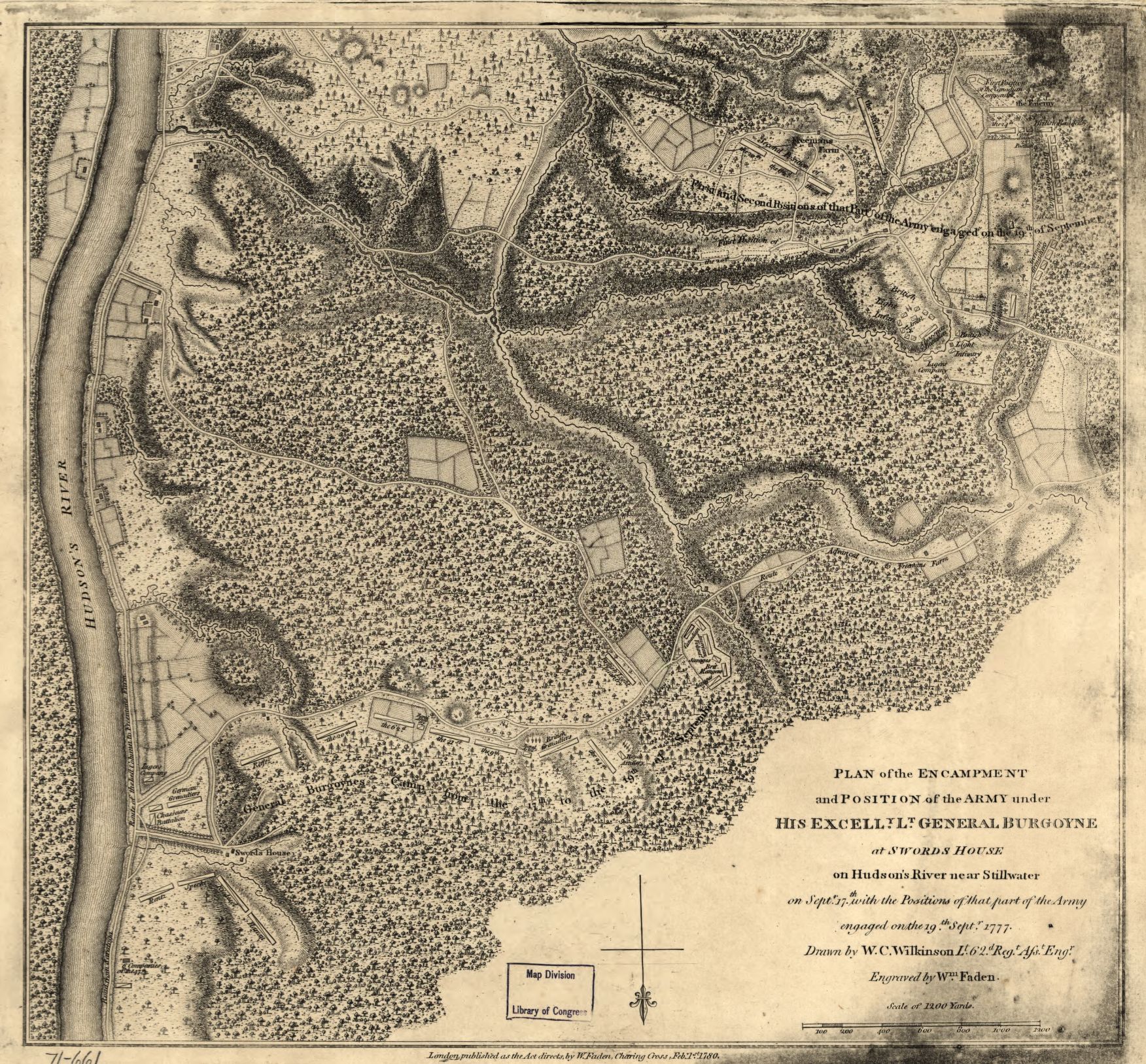 Map of Burgoyne's camp and position on September 17, 1777, with the positions of the army engaged on the 19th. Drawn by William Cumberland Wilkinson, published in London by W. Faden, 1780. Library of Congress call number G3803.S3S3 1780 .W5 