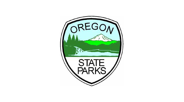 Oregon State Parks badge with a mountain and river in background