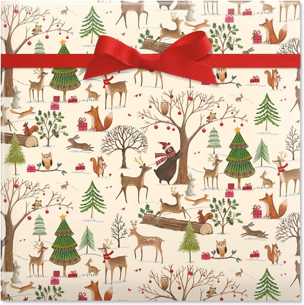 Festive wrapping paper featuring woodland animals, trees, and red gift boxes is a perfect idea for gift wrapping. Accentuated with a red ribbon tied in a bow, it adds charm to any present.