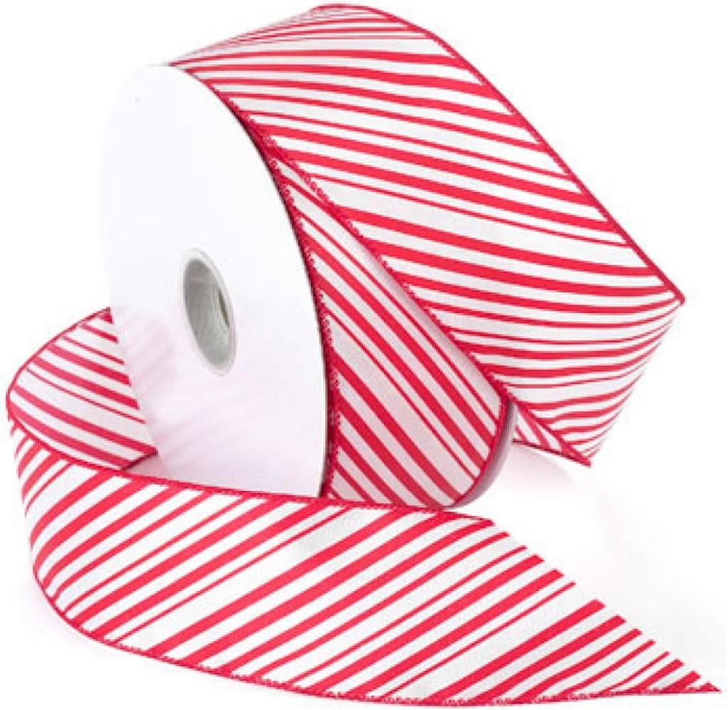 A roll of red and white diagonal striped ribbon, perfect for adding a festive touch to your gift wrapping ideas.