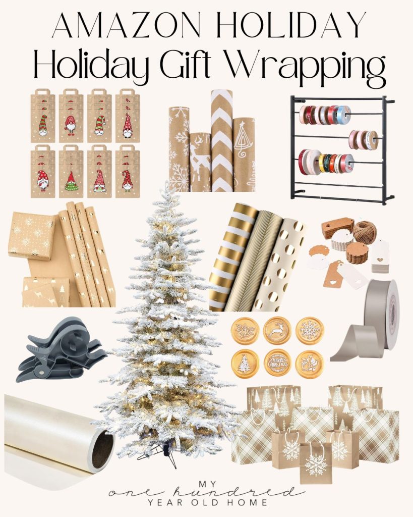 A collage of holiday gift wrapping supplies offers ideas for gift wrapping, showcasing paper rolls, ribbon, gift bags, tape, a dispenser, and a small decorated Christmas tree.