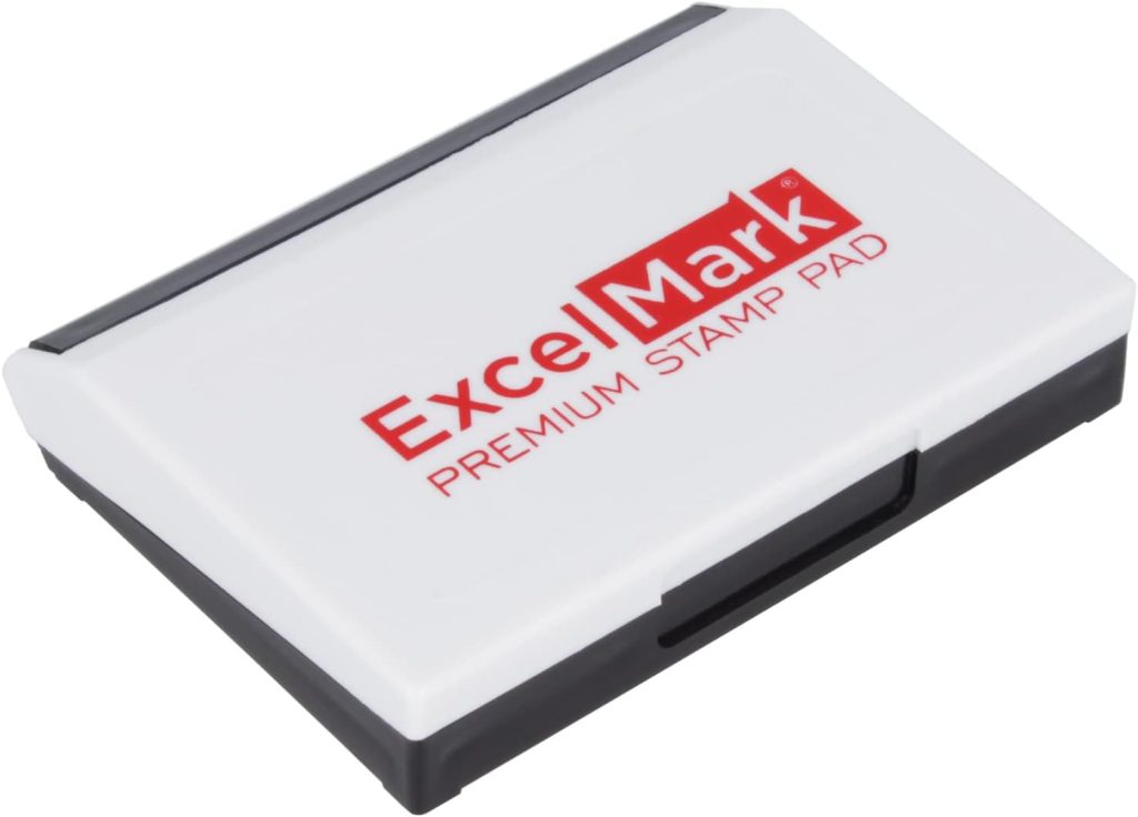 White and black ExcelMark premium stamp pad with logo on the lid, perfect for gift wrapping projects.