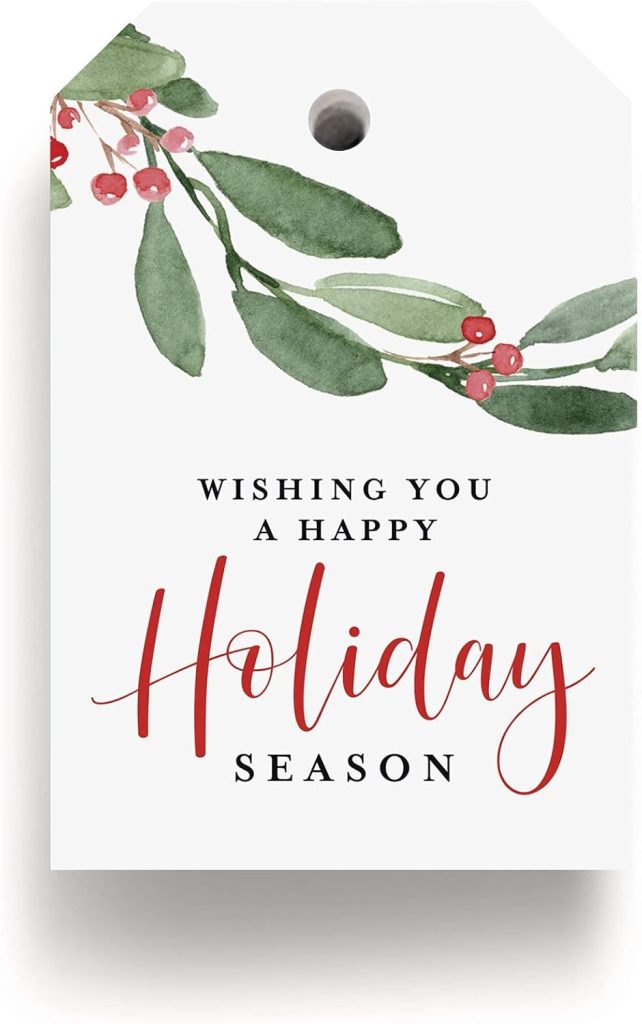 Gift tag perfect for gift wrapping, featuring a watercolor holly design and the message "Wishing You a Happy Holiday Season" in elegant red and black text.