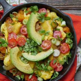 The Ultimate Breakfast Skillet: Potato and Eggs with Avocado, Tomatoes and Green Onions by Ashley of MyHeartBeets.com