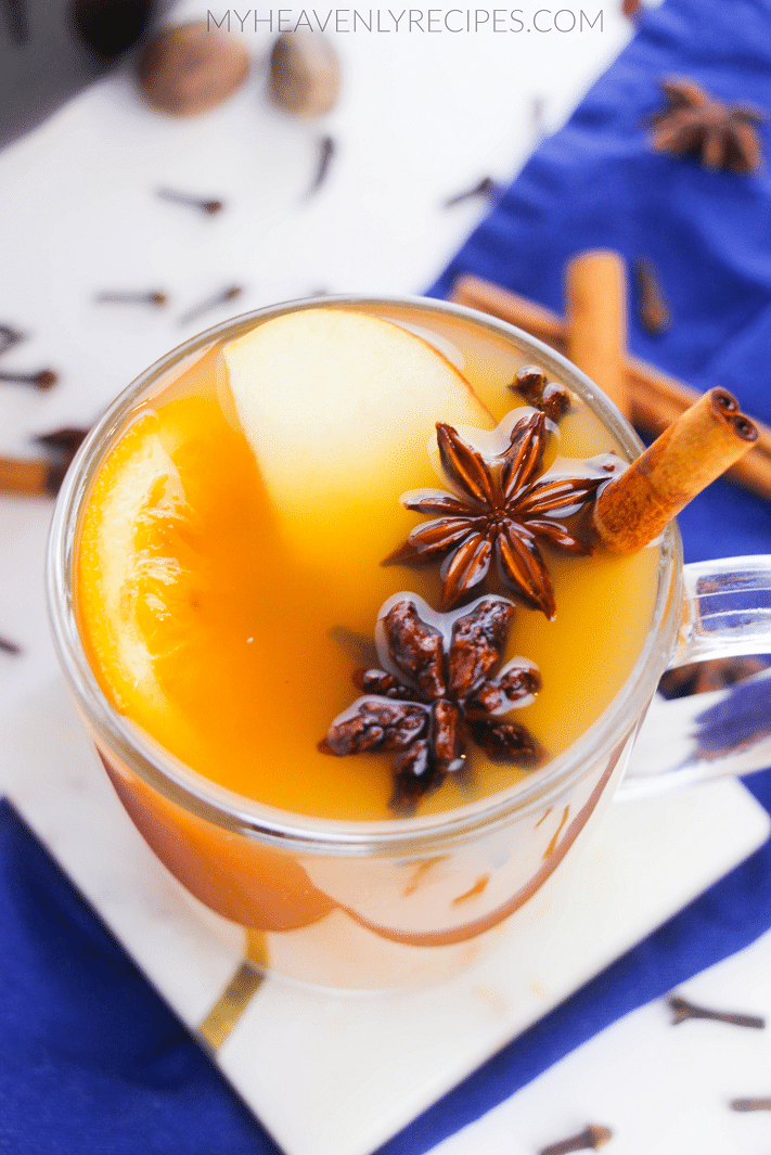 top view of a cup of mulled apple cider