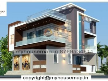 image of house with shop 3d front with 2 floor and grey, brown color theme