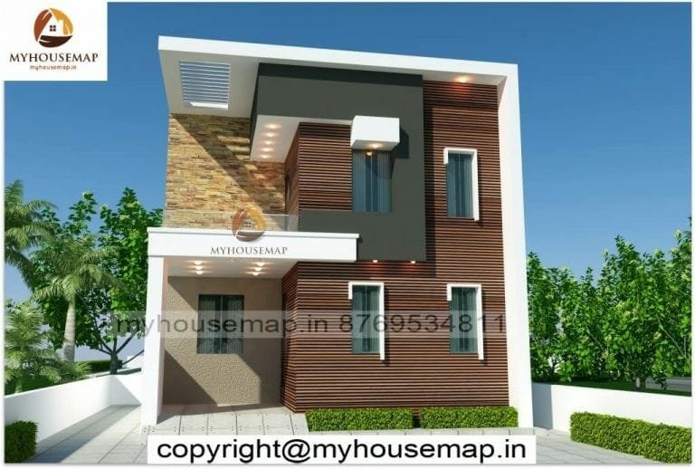 image of double floor best front design of house and gray, white and brown color theme with simple front look design