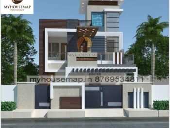 image of front elevation design duplex house and gray, white theme with modern front