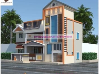 image of traditional house elevation design and creme, orange color theme