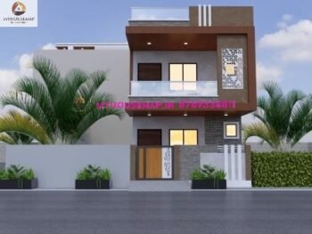 image of simple indian elevation design g+1 and white and brown color theme with small house