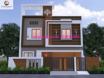 image of best front elevation double floor design and white, brown color theme