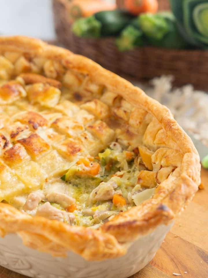 Chicken and leek pie in baking dish.