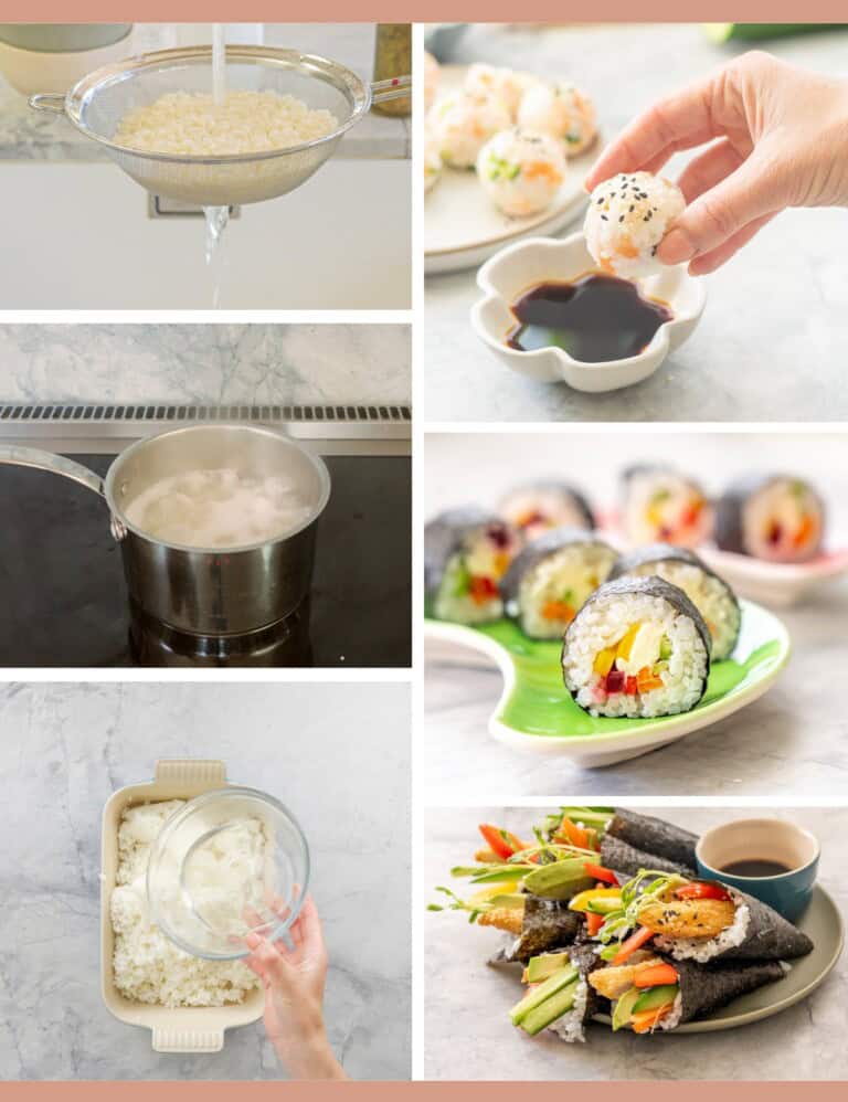 Collage, 3 images showing sushi rice recipe process steps, and 3 images of colourful sushi ready to enjoy.