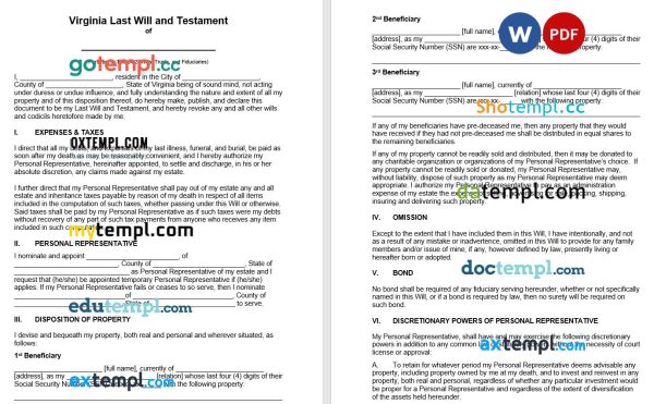 Virginia Last Will and Testament example, completely editable