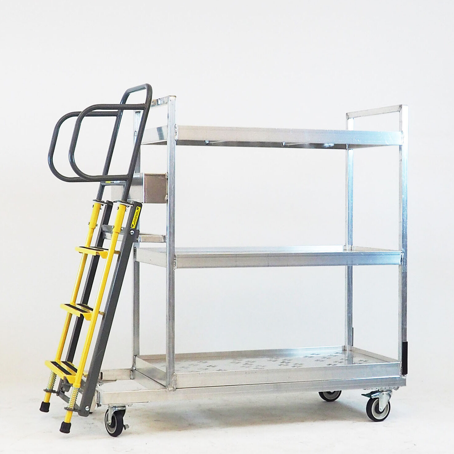 Ladder. Heavy duty spring ladder, steel ladder. Picking Cart Ladder picking cart 2 step stair cart Ladder Cart, Ladder Picking Cart, picking cart, ecom cart, ecommerce cart, ecommerce picking cart, step cart, step picking cart, three step cart, 3 step cart