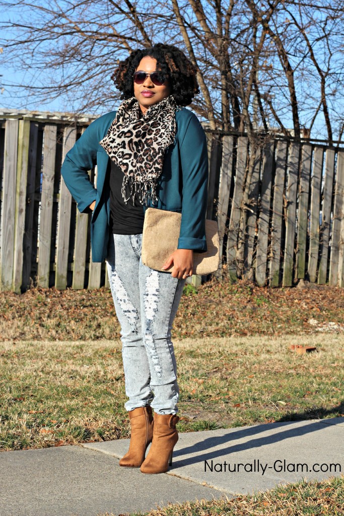 acid washed denim jeans, teal open front boyfriend blazer, animal print scarf, brown booties