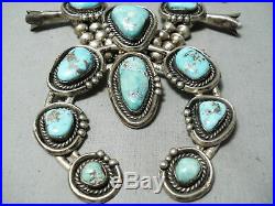 Heavy Authentic Vintage Navajo Turquoise Sterling Silver Squash Blossom Necklace