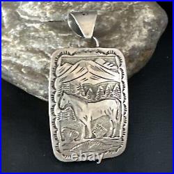 Stamped Horse Pendant Navajo Sterling Silver Necklace 2.5 15171