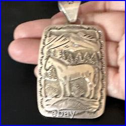 Stamped Horse Pendant Navajo Sterling Silver Necklace 2.5 15171