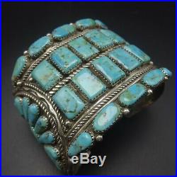 Super Wide VINTAGE NAVAJO Sterling Silver TURQUOISE Cluster Cuff BRACELET 93.8g