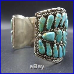 Super Wide VINTAGE NAVAJO Sterling Silver TURQUOISE Cluster Cuff BRACELET 93.8g